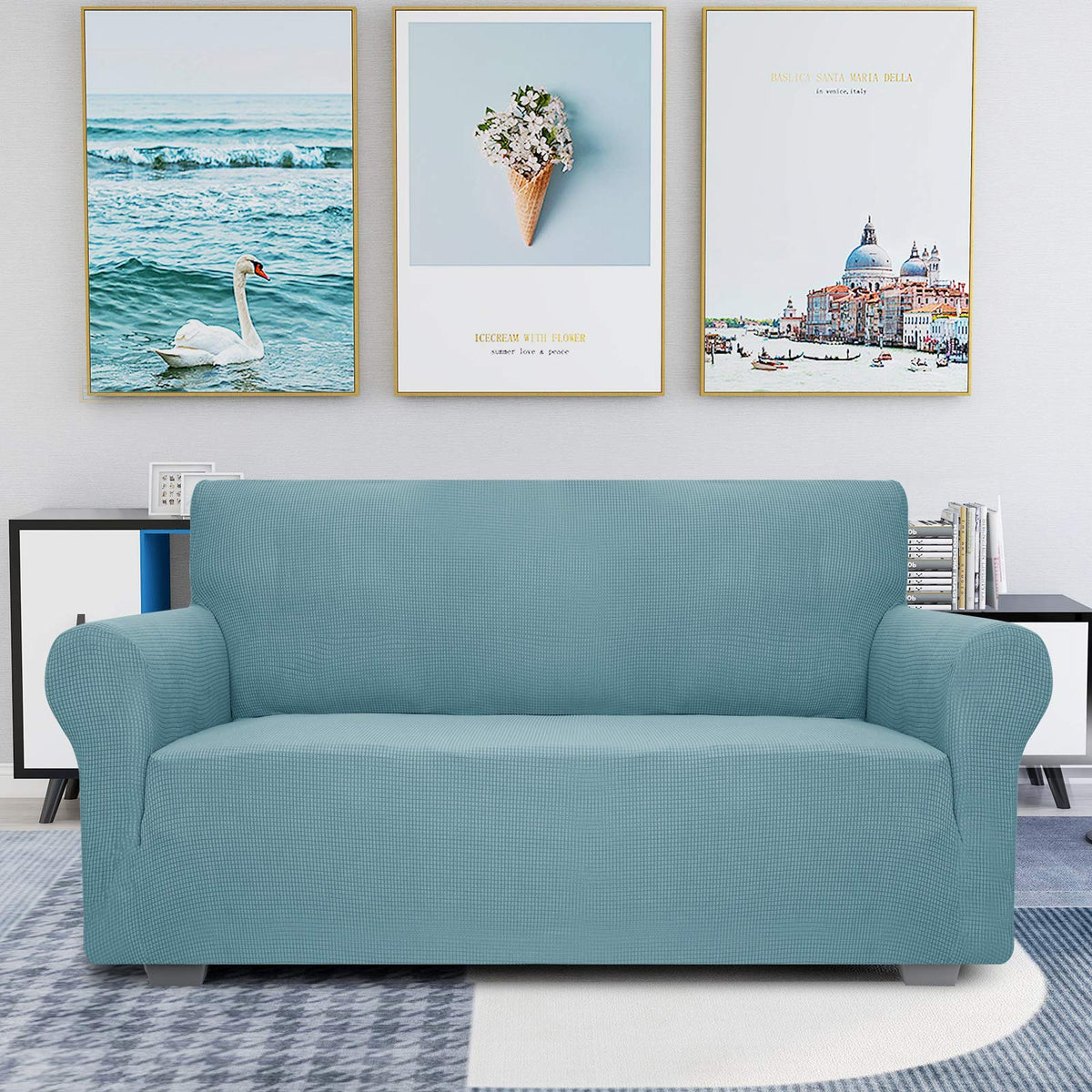 JIVINER High Stretch Couch Covers for 3 Cushion Couch 1-Piece Jacquard Sofa Slipcovers Anti Slip Sofa Cover with Elastic Bottom Furniture Protector for Kids Pets (Sofa, Light Gray and White)