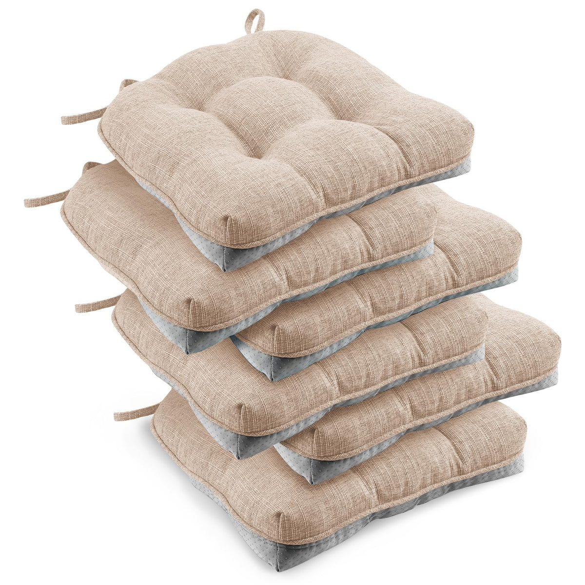 downluxe Indoor Chair Cushions for Dining Chairs, Tufted Overstuffed Textured Foam Kitchen Chair Pads with Ties and Non-Slip Backing, 15.5" x 15.5" x 4", Brown, 4 Pack