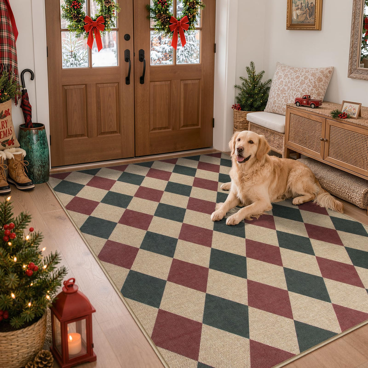Lahome Checkered Easy Jute 3x5 Entryway Front Porch Rug, Black Diamond Indoor Outdoor Patio Layering Rug, Washable Farmhouse Neutral Non Slip Non Shedding Door Carpet for Backyard Blacony