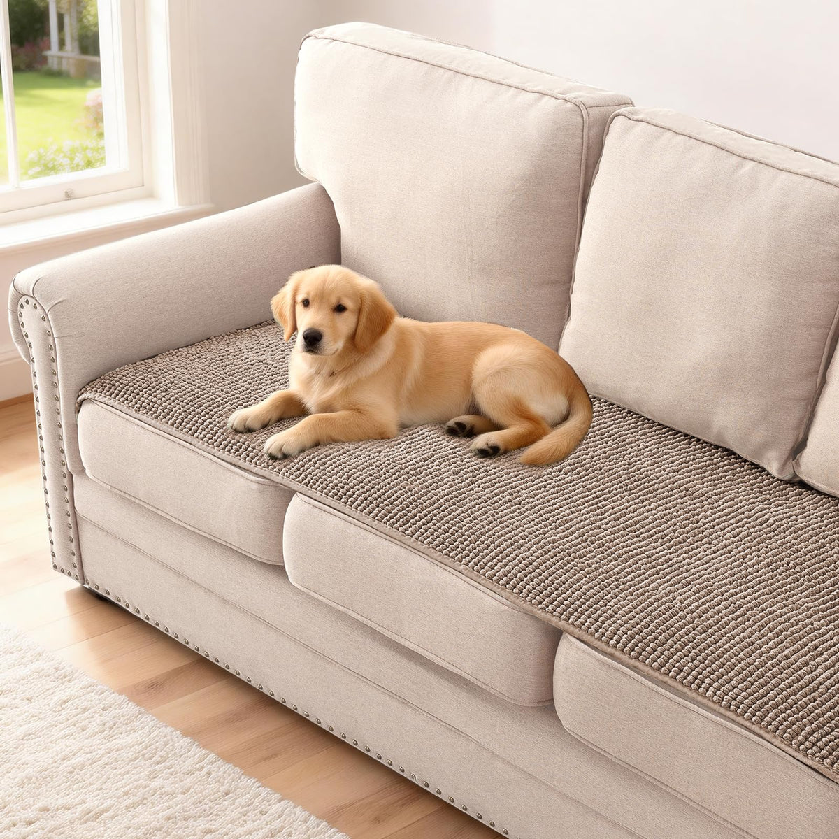 H.VERSAILTEX Plush Chenille Dog Bed Cover Thick Soft Sofa Cover for 3 Cushion Couch Anti Slip Couch Cover Furniture Protector for Dog, Pet, Cat (35" x 82", Ivory)