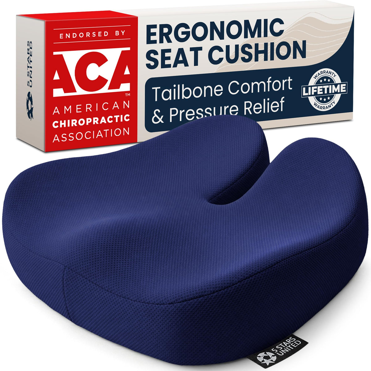 5 STARS UNITED Seat Cushion - Memory Foam Chair Pad for Tailbone Pain Relief - Ergonomic Support for Coccyx, Sciatica & Butt - Office, Desk & Gaming Chair, Car Seat, Wheelchair, Airplane, Black