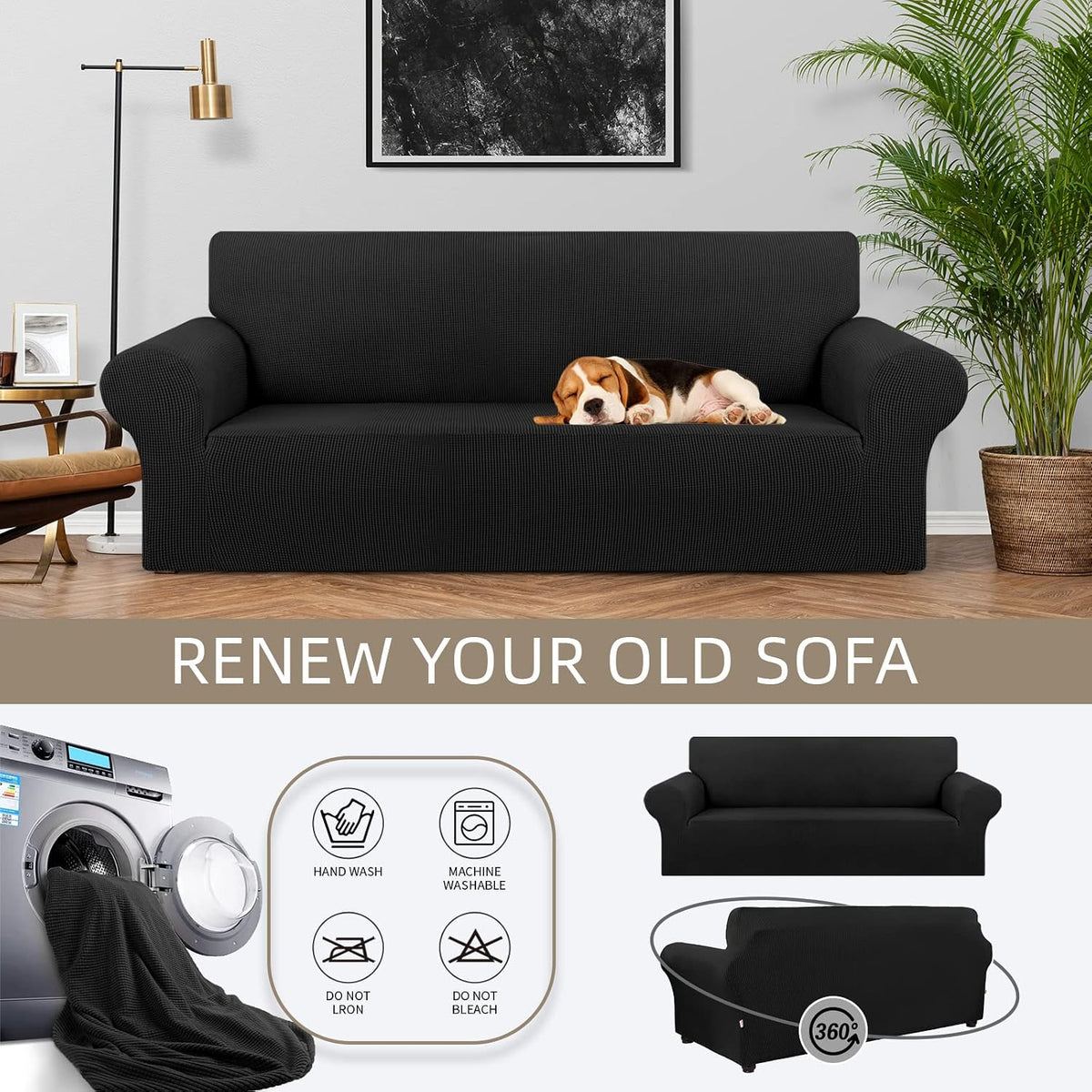 KEKUOU Stretch Couch Covers for Sofa, 3 Cushion Couch Slipcover,Black