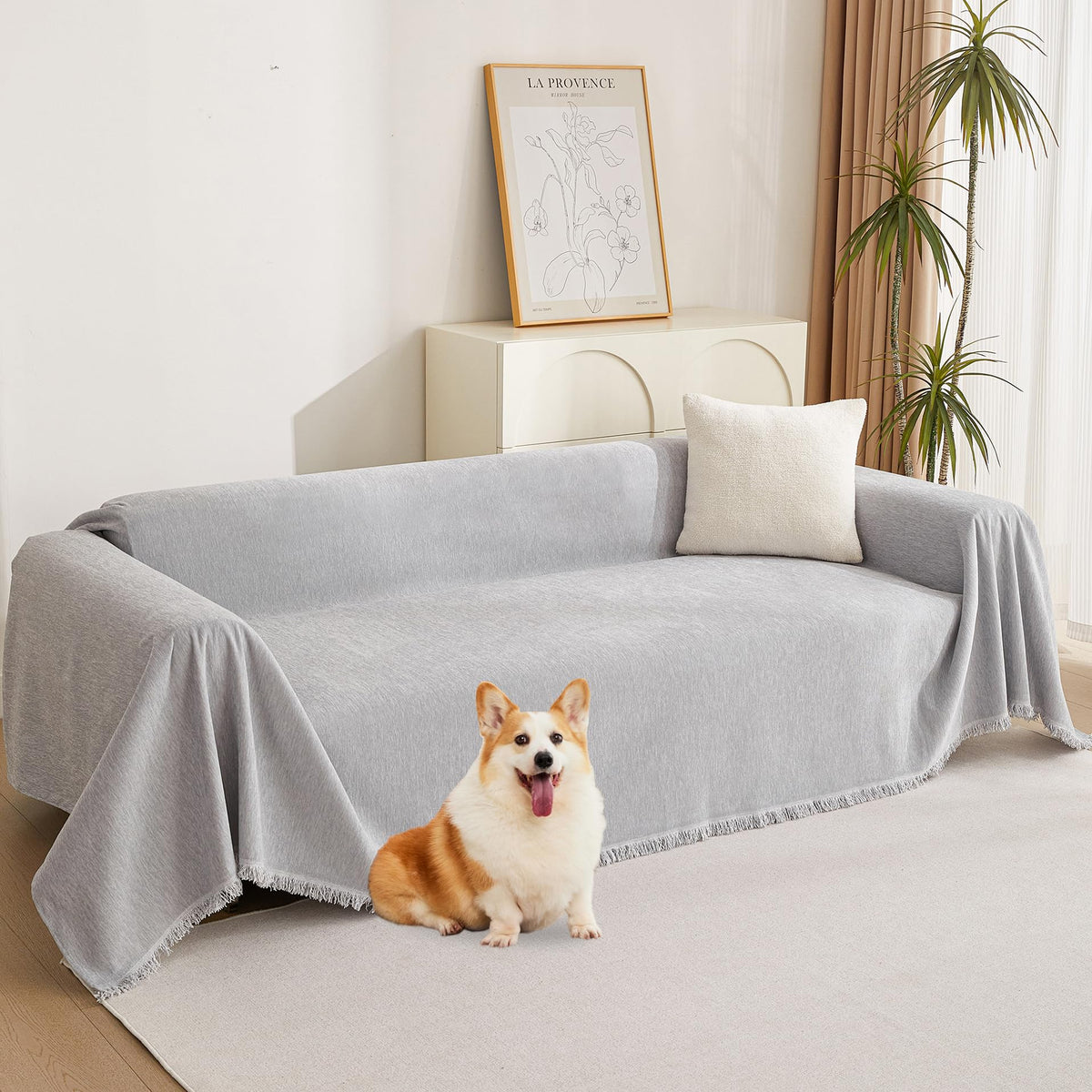 MYSKY HOME Boho Couch Cover Beige Sofa Covers with White Tassel Farmhouse Sofa Slipcover Simple Couch Protector for Dogs Chenille Sectional Couch Covers L Shaped Couch Cushion Covers, 91"x 134"