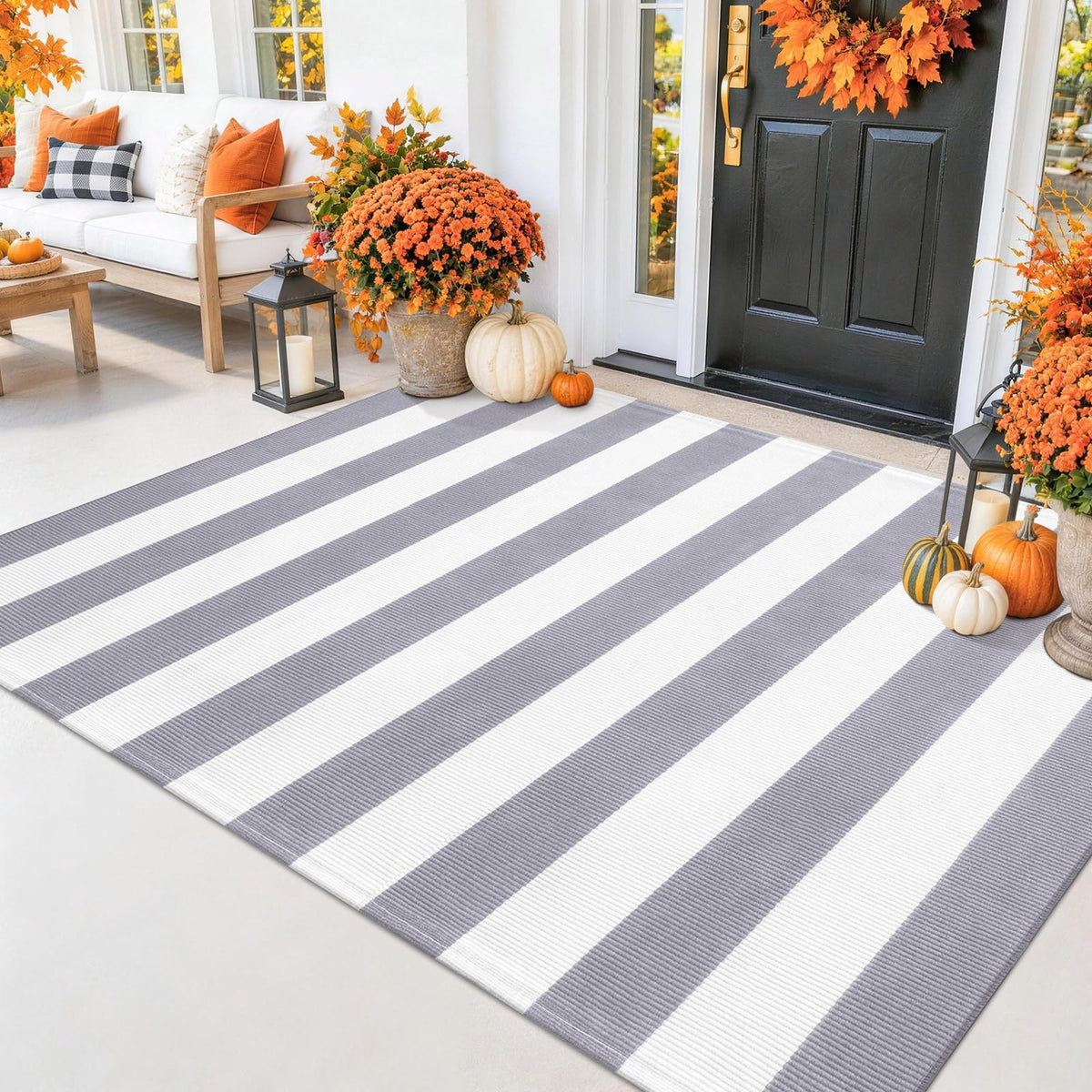 Smiry Black and White Striped Entryway Rug, Front Door Mat and Porch Decor