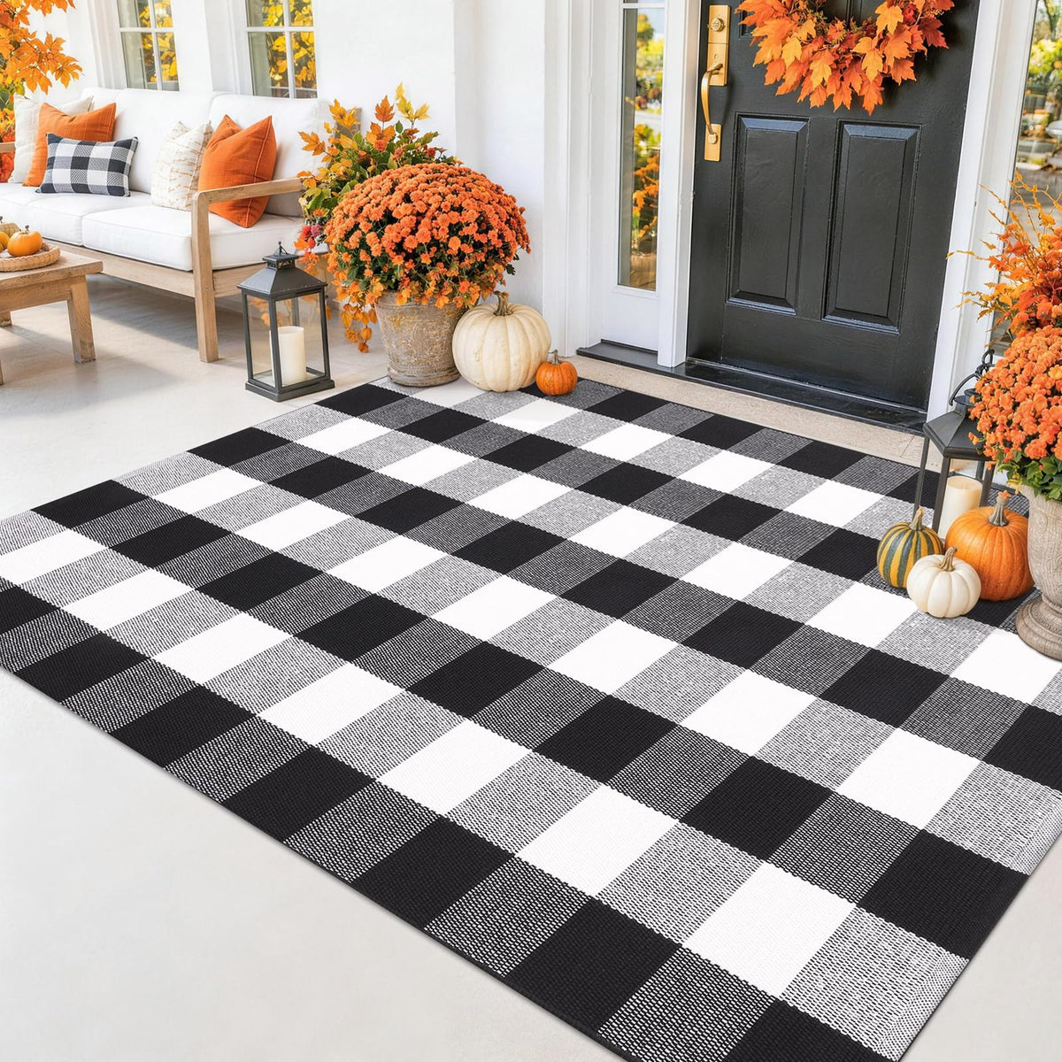 Smiry Black and White Striped Entryway Rug, Front Door Mat and Porch Decor