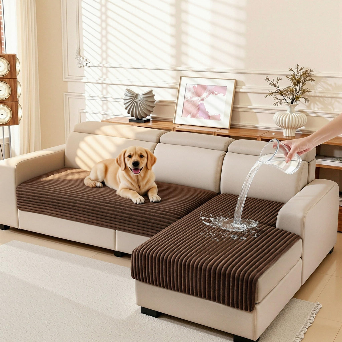 MEETSKY 100% Waterproof Couch Covers for Sectional Sofa, Non Slip Couch Cover for Dogs, 2 Pieces Pet Sofa Covers for 2 Cushion L Shape, Washable Soft Sofa Slipcover, Cream, Large, 35"x63"+35"x63"