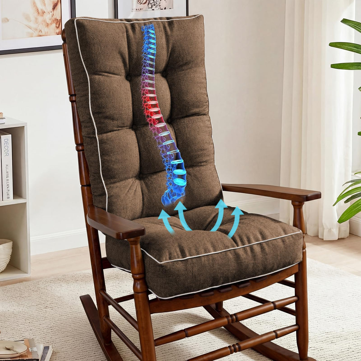 YZ HOME Rocking Chair Cushion,Set of Thicken Seat & Back Chair Cushions with Memory Foam,Non-Slip Chair Pad with Ties for for Indoor&Outdoor Rocker,Beige,22x17x5/17x17x5