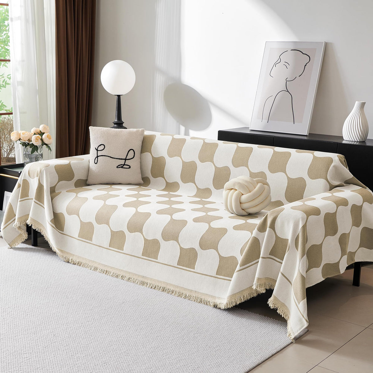 MEETSKY Couch Cover Sofa Covers Couch Covers for 3 Cushion Couch Sofa Pet Friendly, L Shaped Sectional Sofa Covers Washable Simply Put Sofa Throw Cover for Dogs, 91" x 134", Beige