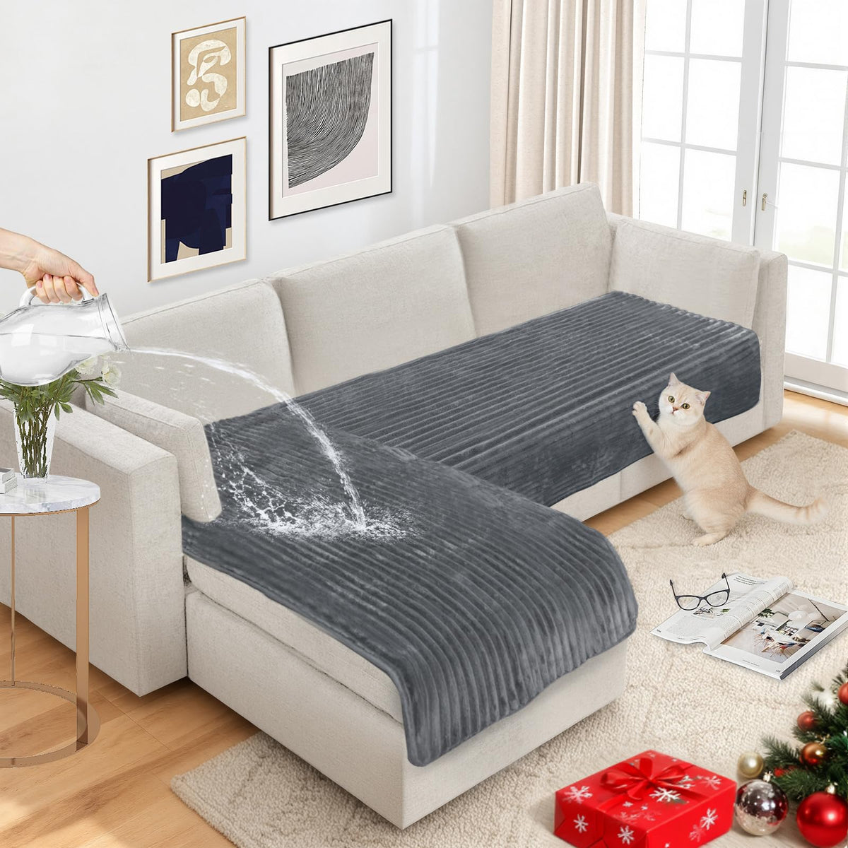 NAISI Couch Covers for Dogs Waterproof Flannel Striped Sofa Cover Pet Friendly Washable Dog Mat for Couch Anti Slip Sectional Sofa Slipcover Protector(2pcs/35"x63"+35"x70",Dark Grey)