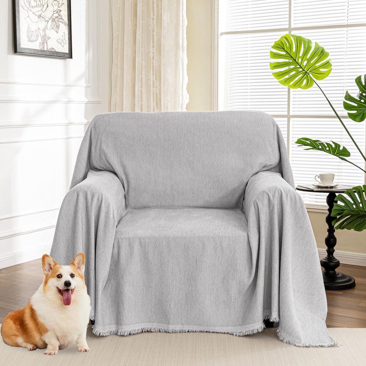 MYSKY HOME Boho Couch Cover Beige Sofa Covers with White Tassel Farmhouse Sofa Slipcover Simple Couch Protector for Dogs Chenille Sectional Couch Covers L Shaped Couch Cushion Covers, 91"x 134"