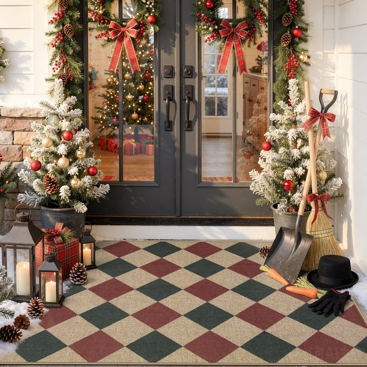 Lahome Checkered Easy Jute 3x5 Entryway Front Porch Rug, Black Diamond Indoor Outdoor Patio Layering Rug, Washable Farmhouse Neutral Non Slip Non Shedding Door Carpet for Backyard Blacony