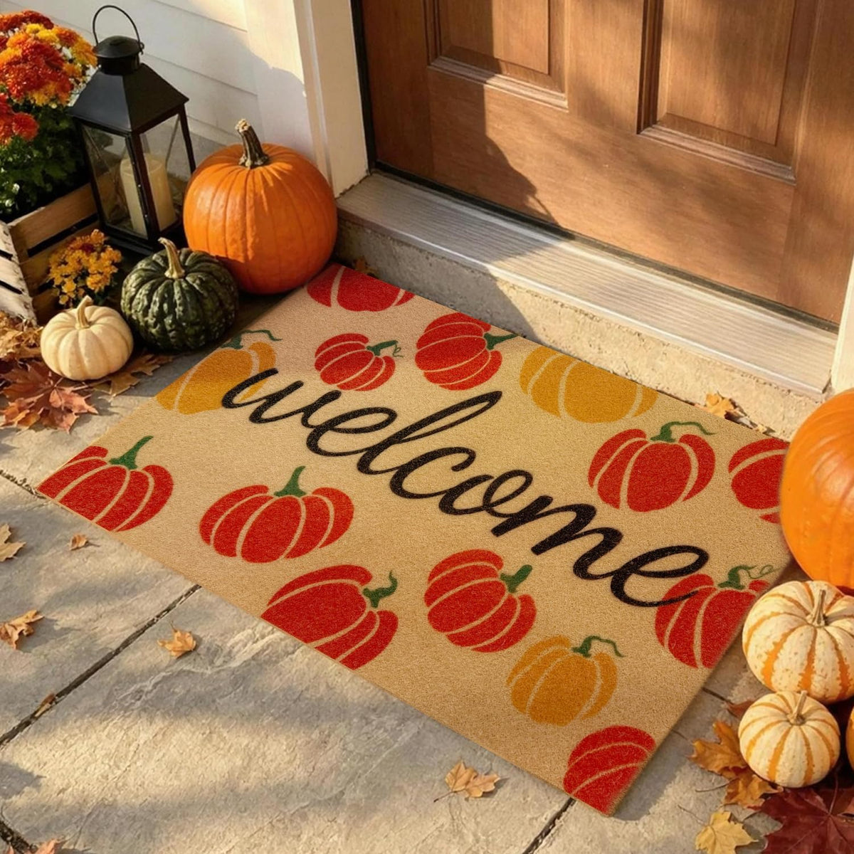 Fall Door Mat, Non Slip Front Porch Pumpkin Welcome Mat 17"x30"