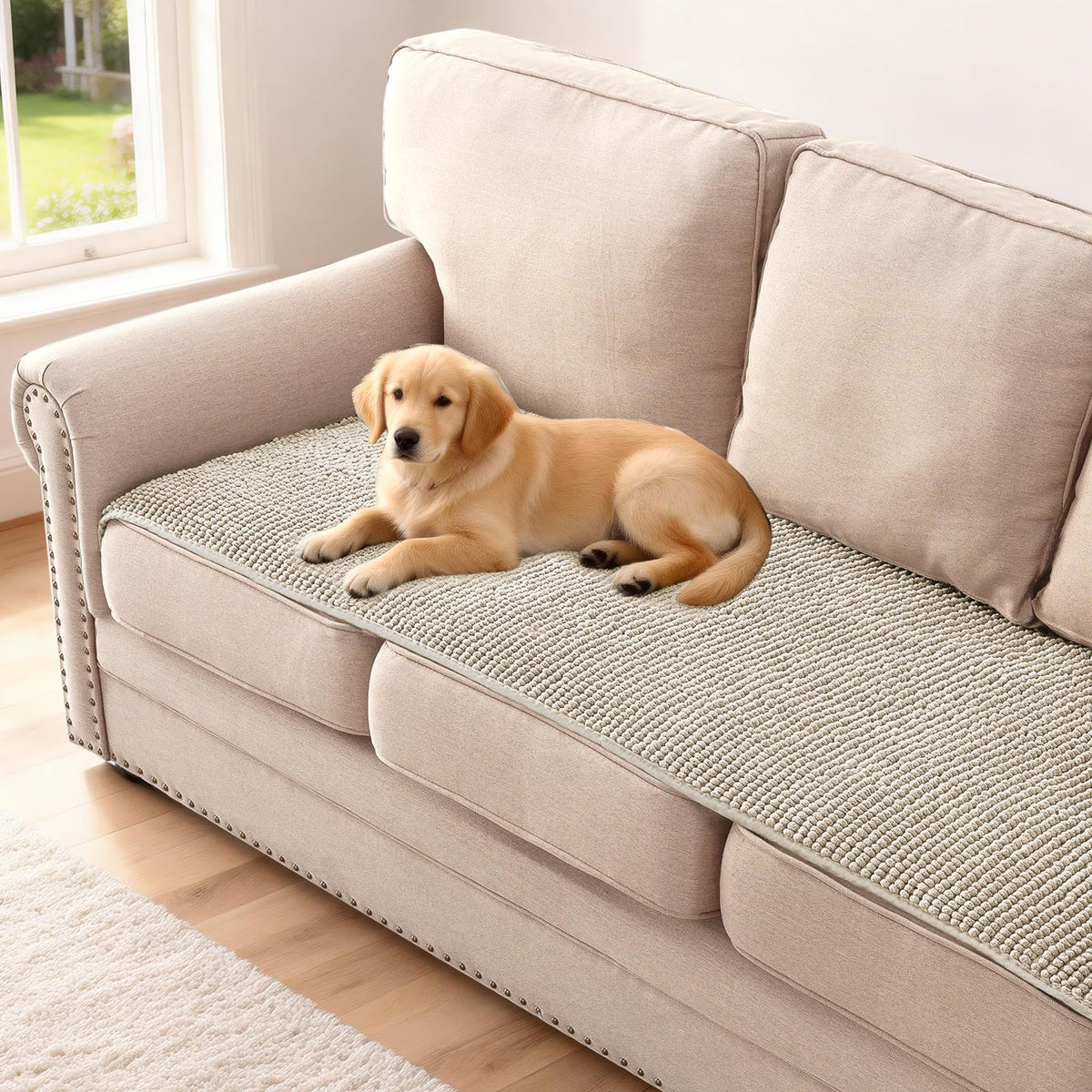 H.VERSAILTEX Plush Chenille Dog Bed Cover Thick Soft Sofa Cover for 3 Cushion Couch Anti Slip Couch Cover Furniture Protector for Dog, Pet, Cat (35" x 82", Ivory)