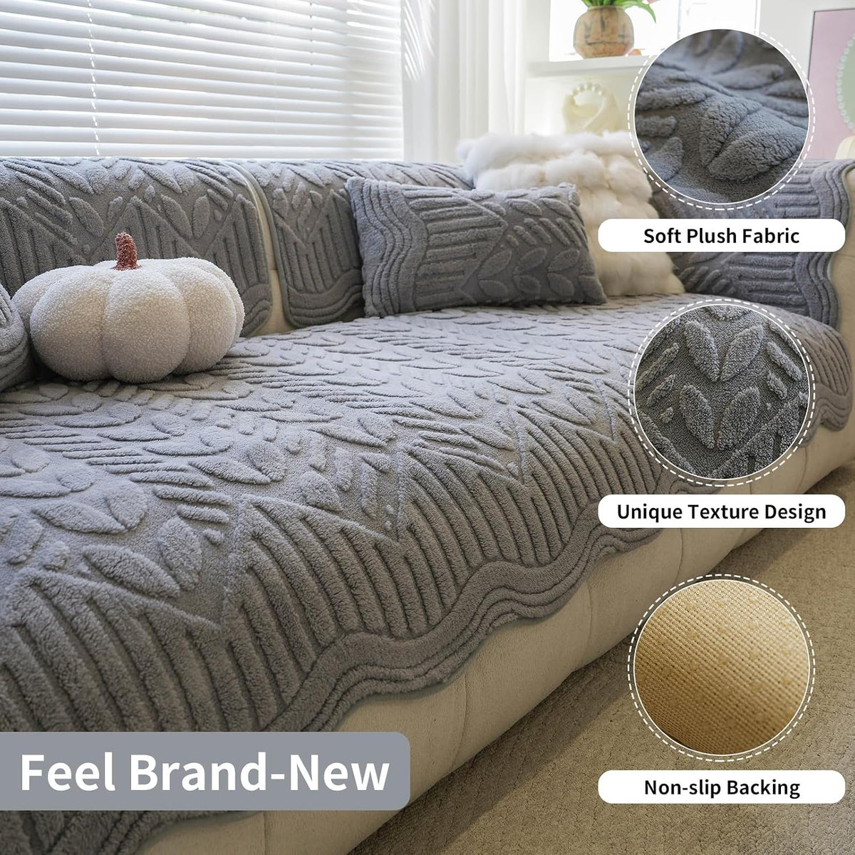 Couch Covers for Sofa, Plush Sofa Cover Washable, Geometric Jacquard Sofa Slipcovers, Non-Slip Couch Cover, Warm Couch Slipcover Furniture Protector for Kids, Pets (1PC,Grey,36"×71")