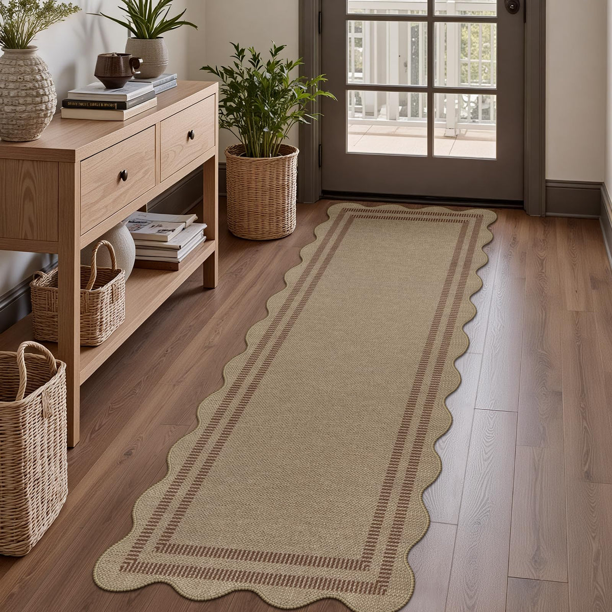 Easy Jute Black Entryway Rug, 2x3 Front Door Mat Washable Non Slip Small Kitchen Rug, Indoor Outdoor Farmhouse Scalloped Doormat for Porch Bathroom Doorway