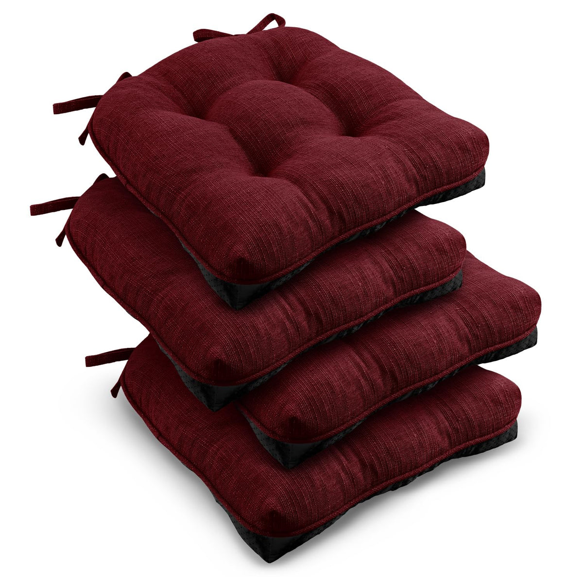 downluxe Indoor Chair Cushions for Dining Chairs, Tufted Overstuffed Textured Foam Kitchen Chair Pads with Ties and Non-Slip Backing, 15.5" x 15.5" x 4", Brown, 4 Pack