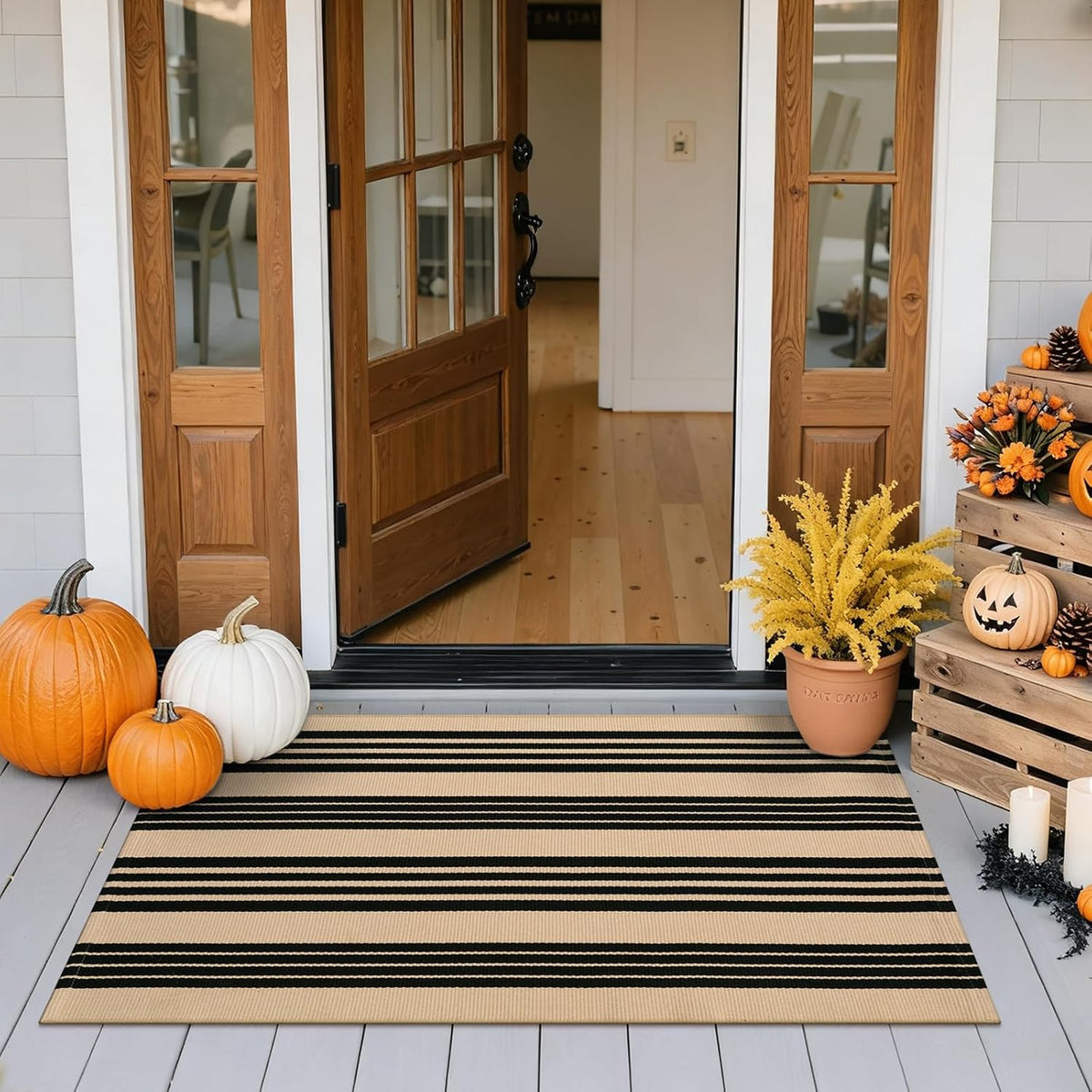 Striped Fall Door Mat 24"x51" Outdoor Rug Cotton Washable Fall Decor