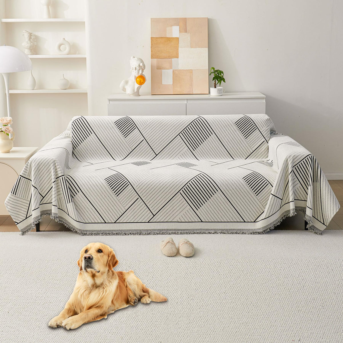 HAOMAIJIA Non Slip couch cover sofa covers for 3 cushion couch Washable sectional couch covers for Dogs pet Furniture Protector Couch Cover Blanket for Living Room (Off white, 91"x150")