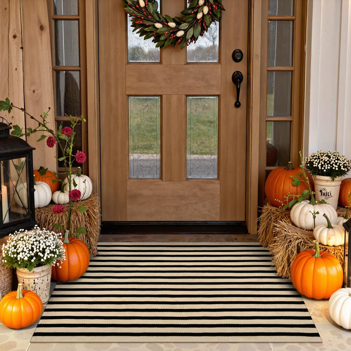 Striped Fall Door Mat 24"x51" Outdoor Rug Cotton Washable Fall Decor