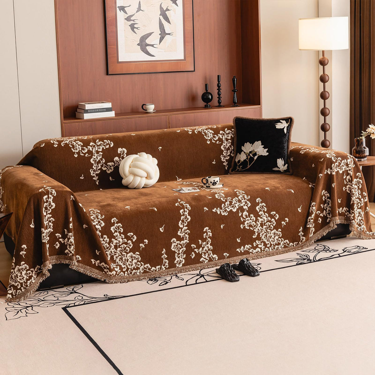 DREAMINGO Green Floral Couch Cover Farmhouse Botanical Jacquard Sofa Covers for 3 Cushion Couch Cozy Chenille Living Room Furniture Futon Sectional Sofa Slipcovers Washable, X-Large 71"x134"