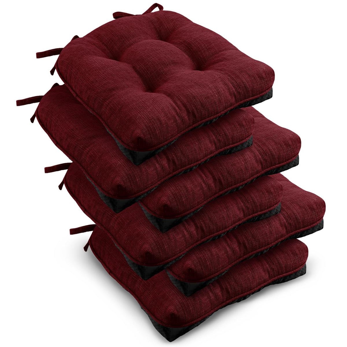 downluxe Indoor Chair Cushions for Dining Chairs, Tufted Overstuffed Textured Foam Kitchen Chair Pads with Ties and Non-Slip Backing, 15.5" x 15.5" x 4", Brown, 4 Pack