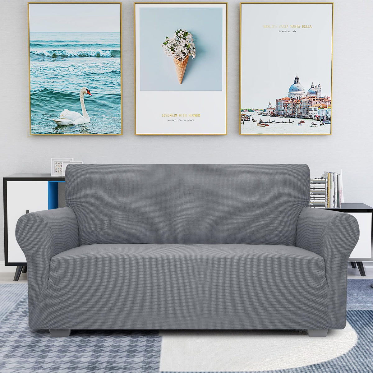 JIVINER High Stretch Couch Covers for 3 Cushion Couch 1-Piece Jacquard Sofa Slipcovers Anti Slip Sofa Cover with Elastic Bottom Furniture Protector for Kids Pets (Sofa, Light Gray and White)