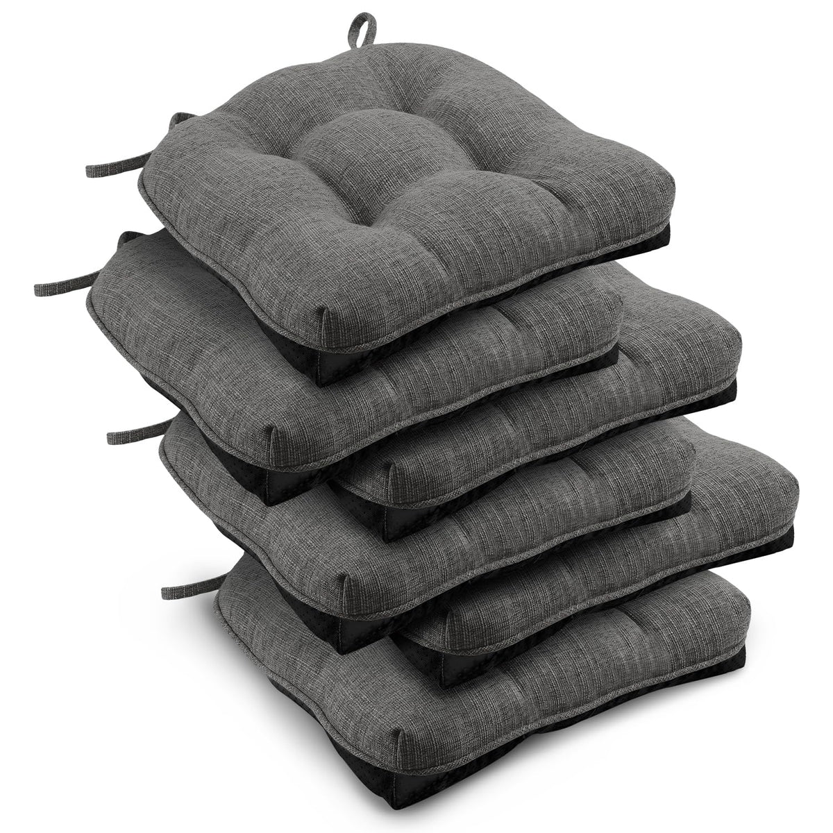 downluxe Indoor Chair Cushions for Dining Chairs, Tufted Overstuffed Textured Foam Kitchen Chair Pads with Ties and Non-Slip Backing, 15.5" x 15.5" x 4", Brown, 4 Pack