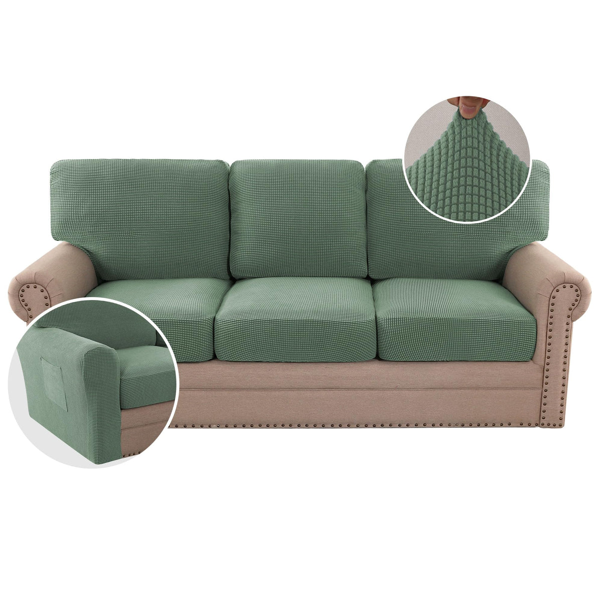 H.VERSAILTEX Multi-Pieces Sofa Covers Stretch Couch Covers Form Fitted Seats and Back Cushions Covers (3 Seat Covers Plus 3 Back Cusion Covers, Bonus 2 Armrest Covers), Sand