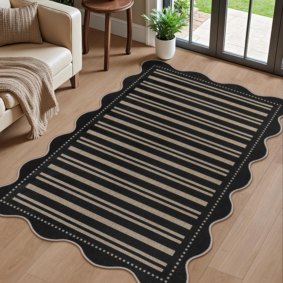 Easy Jute Black Entryway Rug, 2x3 Front Door Mat Washable Non Slip Small Kitchen Rug, Indoor Outdoor Farmhouse Scalloped Doormat for Porch Bathroom Doorway
