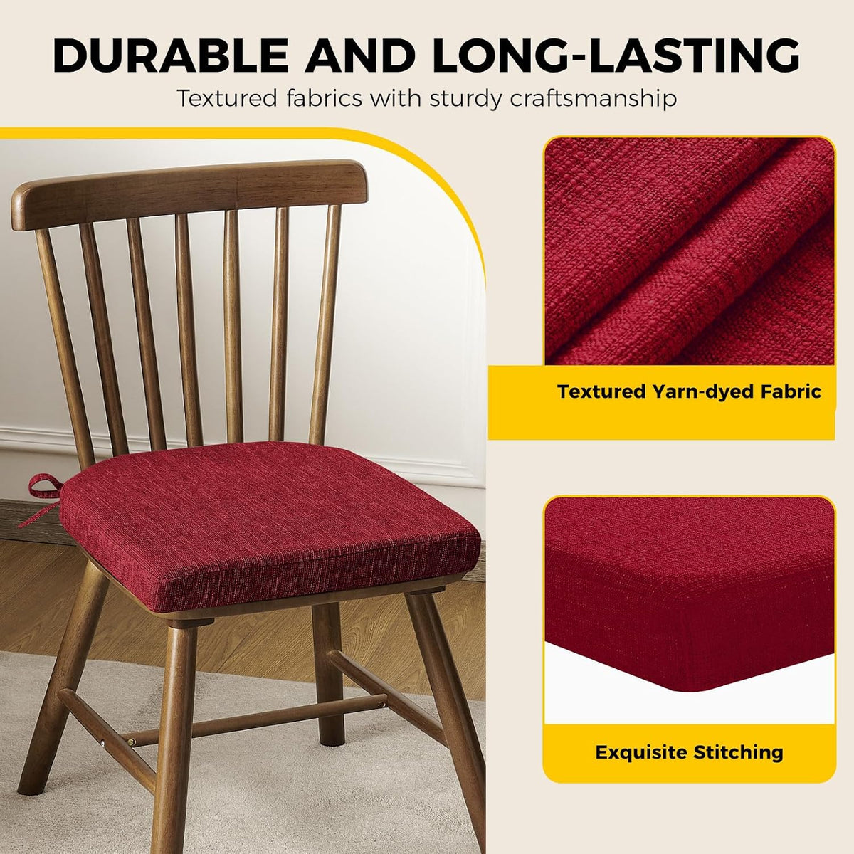 downluxe Indoor Chair Cushions for Dining Chairs, Soft and Comfortable Textured Foam Kitchen Chair Pads with Ties and Non-Slip Backing, 16" x 16" x 2", Red, 4 Pack