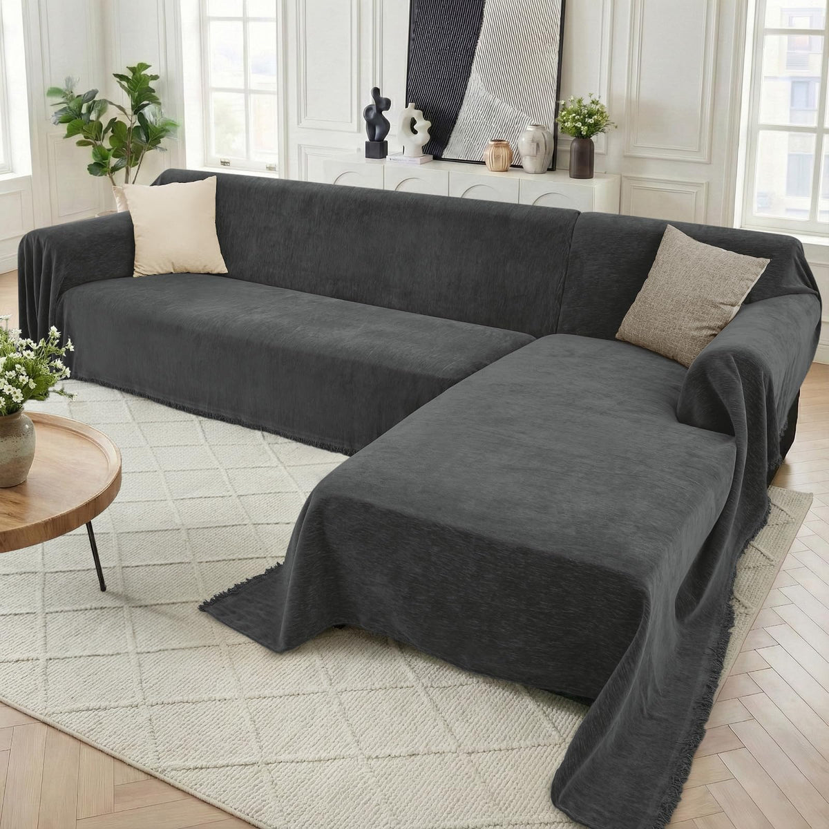 2 Pieces Sectional Couch Covers L Shaped Cover XL Dark Gray