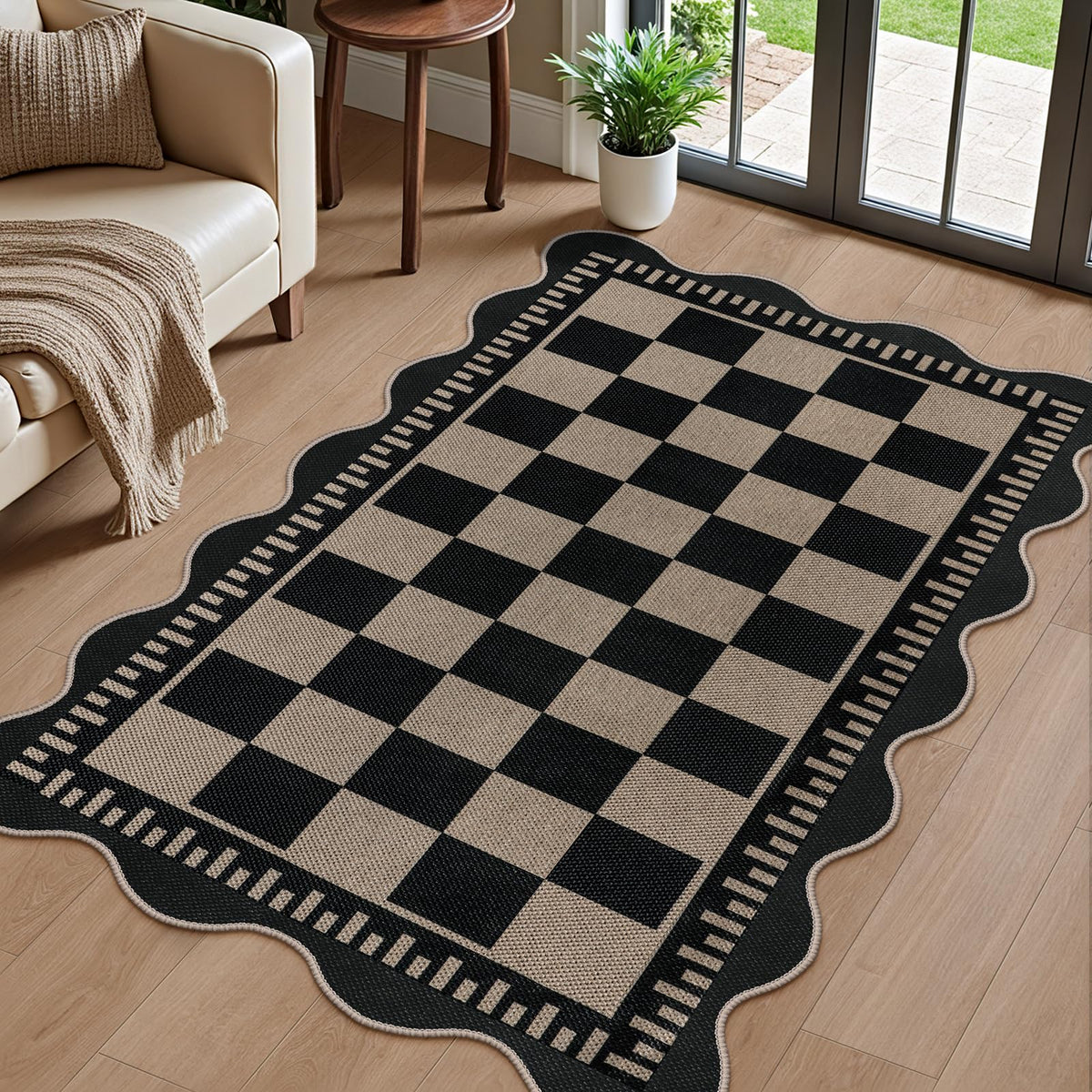 Easy Jute Black Entryway Rug, 2x3 Front Door Mat Washable Non Slip Small Kitchen Rug, Indoor Outdoor Farmhouse Scalloped Doormat for Porch Bathroom Doorway