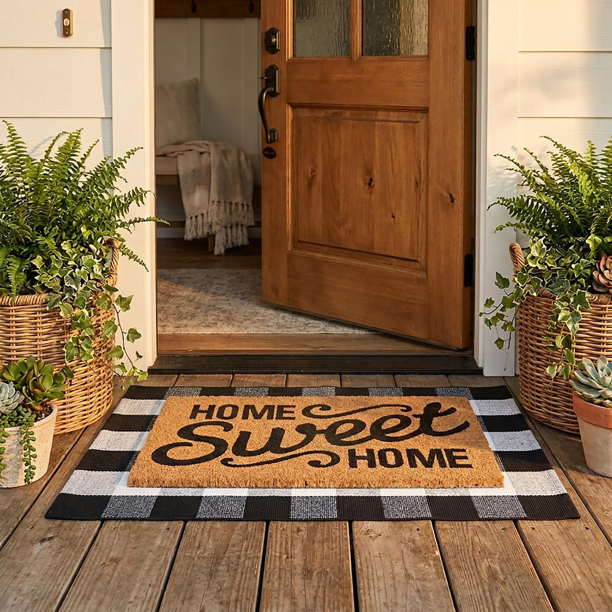 Home Sweet Home Doormat Set, 2-Piece Layered Front Porch Mat Combo, Natural Coir Welcome Mat with Black and White Buffalo Plaid Rug, Farmhouse Outdoor Entryway Decor for Porch, Patio, Home