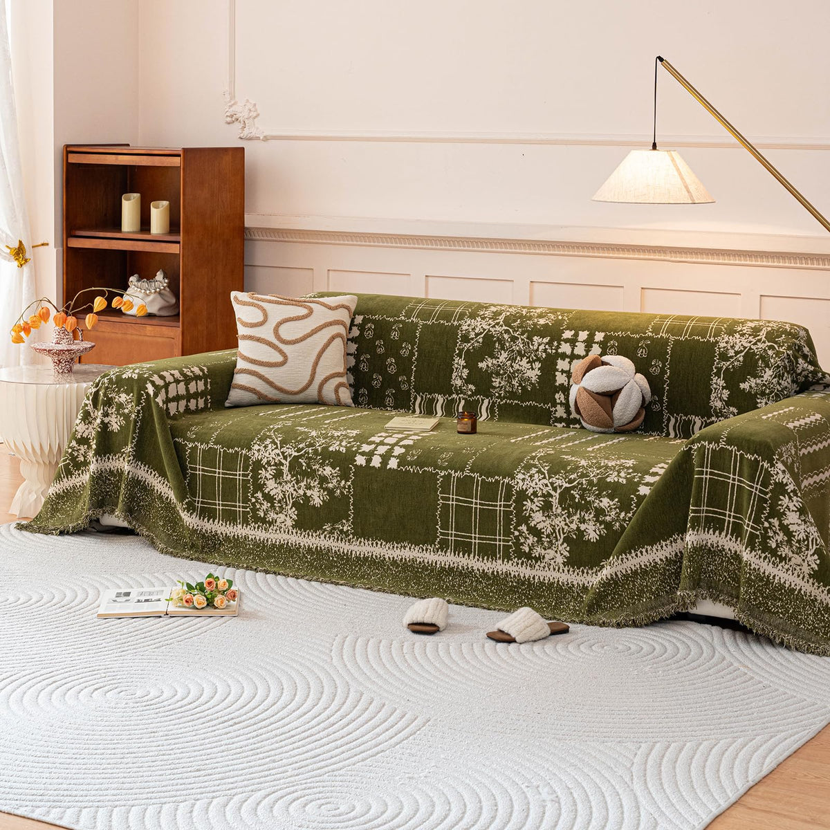 DREAMINGO Green Floral Couch Cover Farmhouse Botanical Jacquard Sofa Covers for 3 Cushion Couch Cozy Chenille Living Room Furniture Futon Sectional Sofa Slipcovers Washable, X-Large 71"x134"