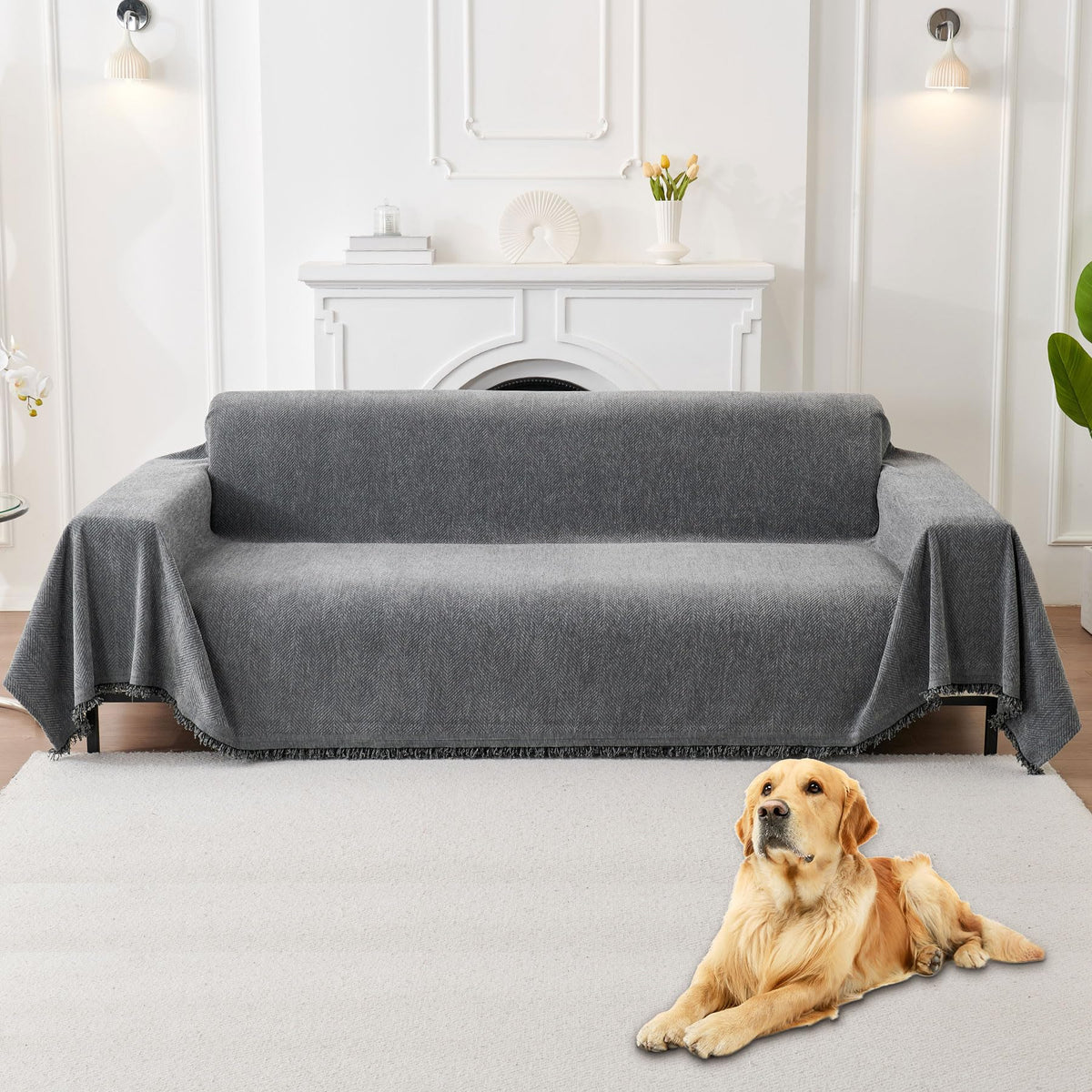 HAOMAIJIA Non Slip couch cover sofa covers for 3 cushion couch Washable sectional couch covers for Dogs pet Furniture Protector Couch Cover Blanket for Living Room (Off white, 91"x150")