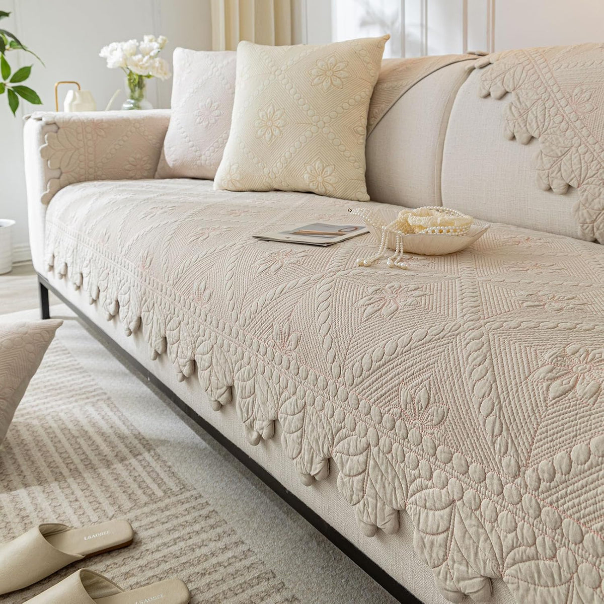 Quilted Couch Covers for Sofa Farmhouse Sofa Covers(Khaki,28"x28")