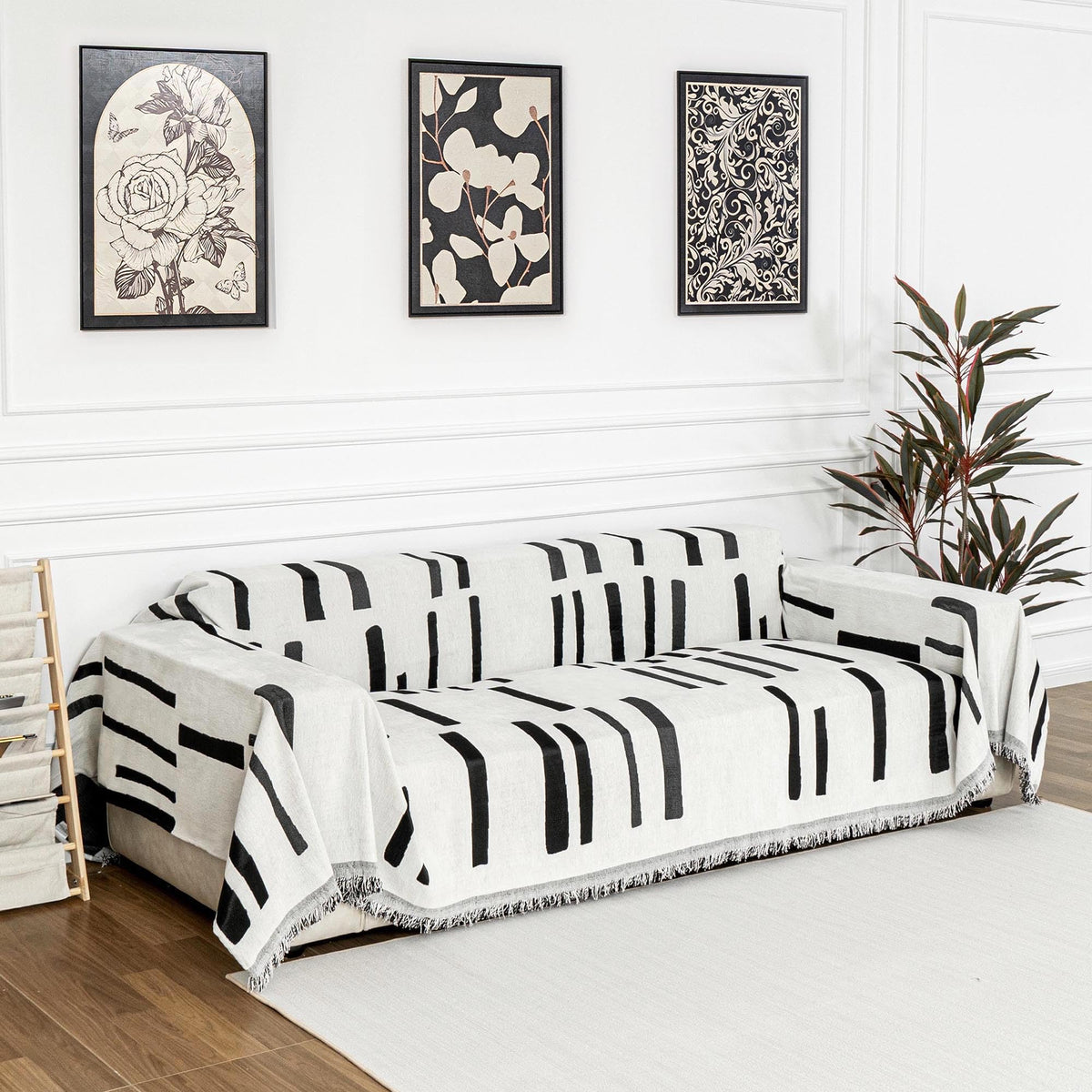 MYSKY HOME Boho Couch Cover Beige Sofa Covers with White Tassel Farmhouse Sofa Slipcover Simple Couch Protector for Dogs Chenille Sectional Couch Covers L Shaped Couch Cushion Covers, 91"x 134"
