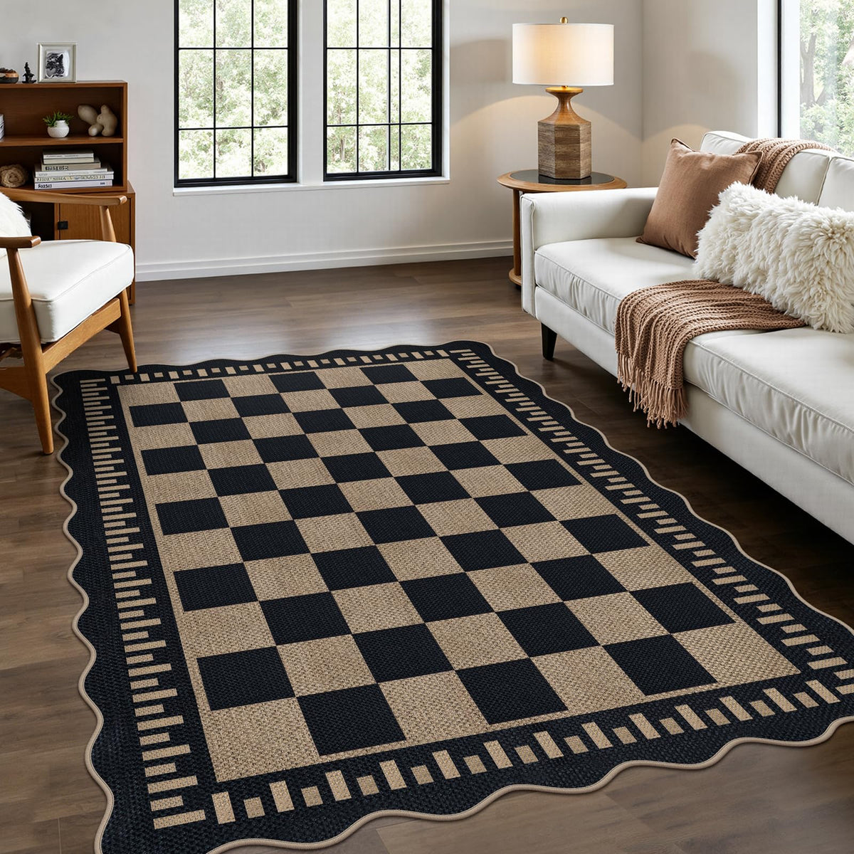 Easy Jute Black Entryway Rug, 2x3 Front Door Mat Washable Non Slip Small Kitchen Rug, Indoor Outdoor Farmhouse Scalloped Doormat for Porch Bathroom Doorway