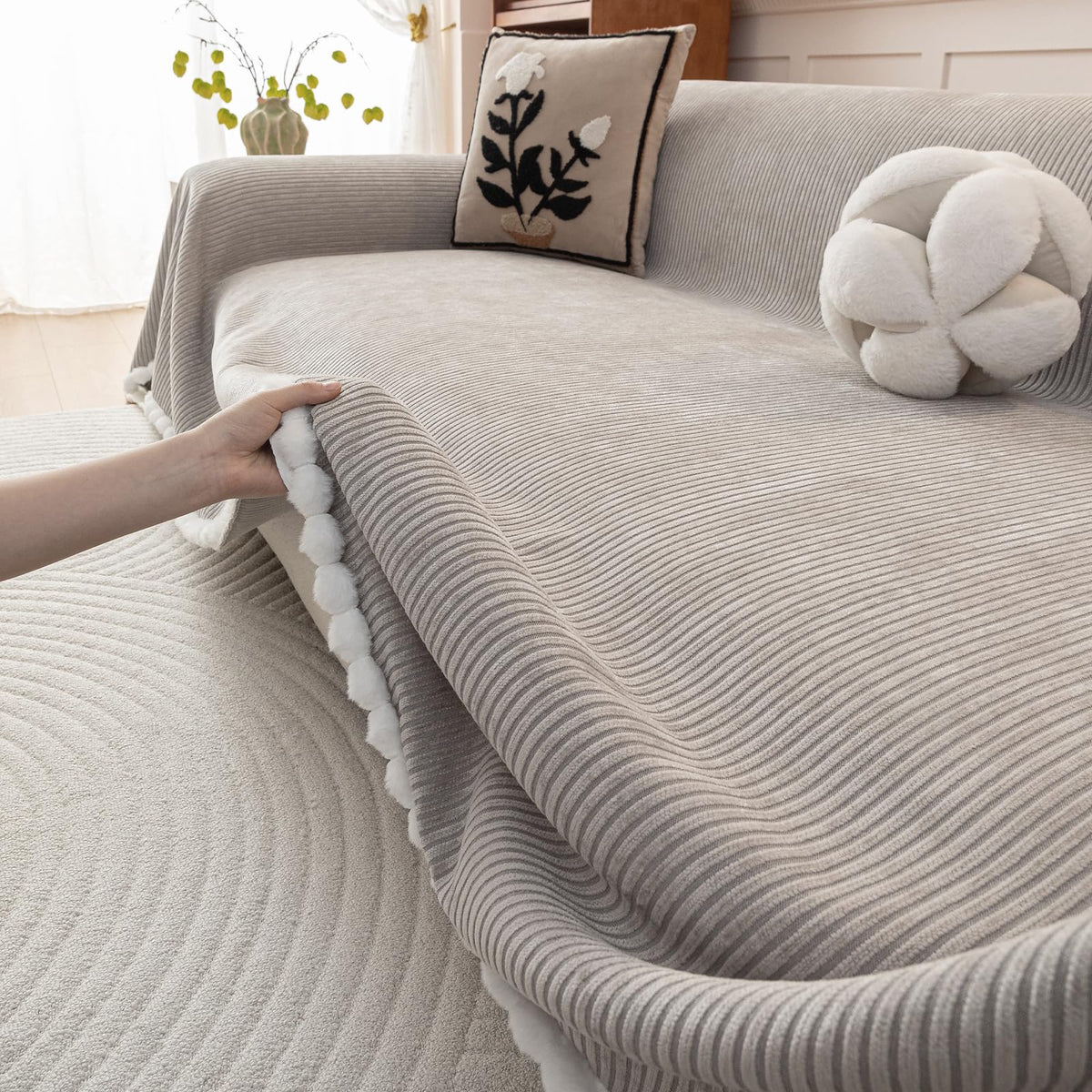 HANDONTIME Green Sofa Cover Vintage Couch Cover for Dogs 71" X118" Couch Cushion Covers with Tassel Herringbone Sofa Cover Boho Sofa Covers for 3 Cushion Couch Chenille Soft Loveseat Sofa Covers