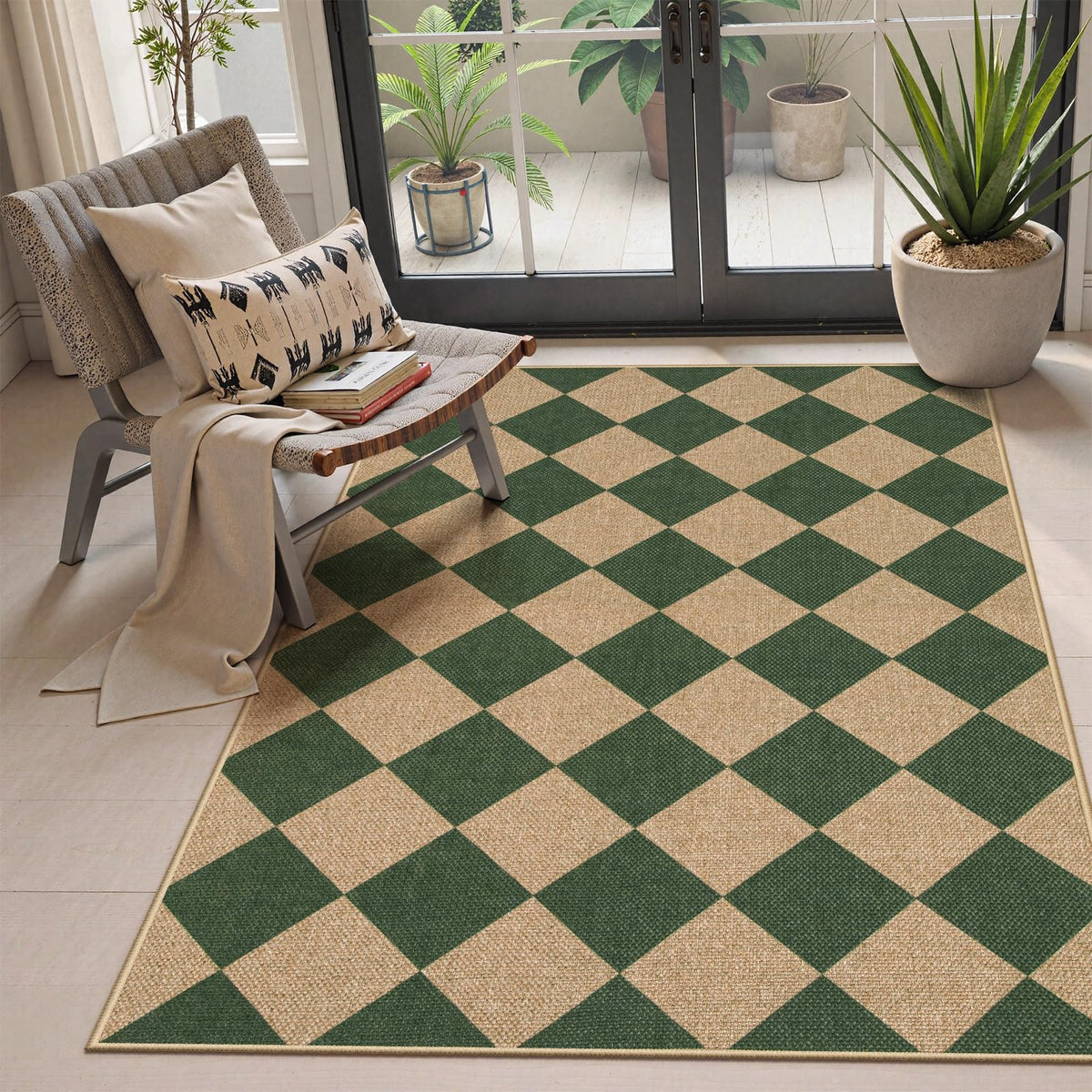 Lahome Checkered Easy Jute 3x5 Entryway Front Porch Rug, Black Diamond Indoor Outdoor Patio Layering Rug, Washable Farmhouse Neutral Non Slip Non Shedding Door Carpet for Backyard Blacony
