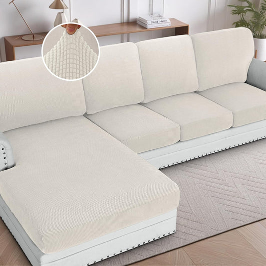 H.VERSAILTEX Sectional Couch Covers 8 Pieces Stretch Sofa Covers for Sectional Sofa Set Separate L Shaped Couch Cover for Both Left/Right Couch (Seat and Back: 1 Chaise + 3 Sofa, Ivory)
