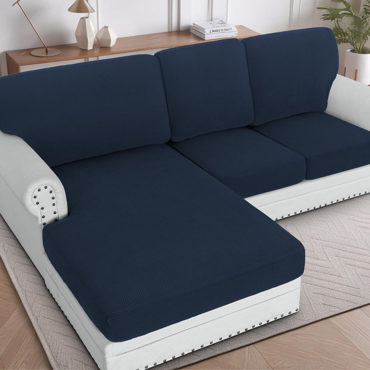 H.VERSAILTEX Sectional Couch Covers 8 Pieces Stretch Sofa Covers for Sectional Sofa Set Separate L Shaped Couch Cover for Both Left/Right Couch (Seat and Back: 1 Chaise + 3 Sofa, Ivory)