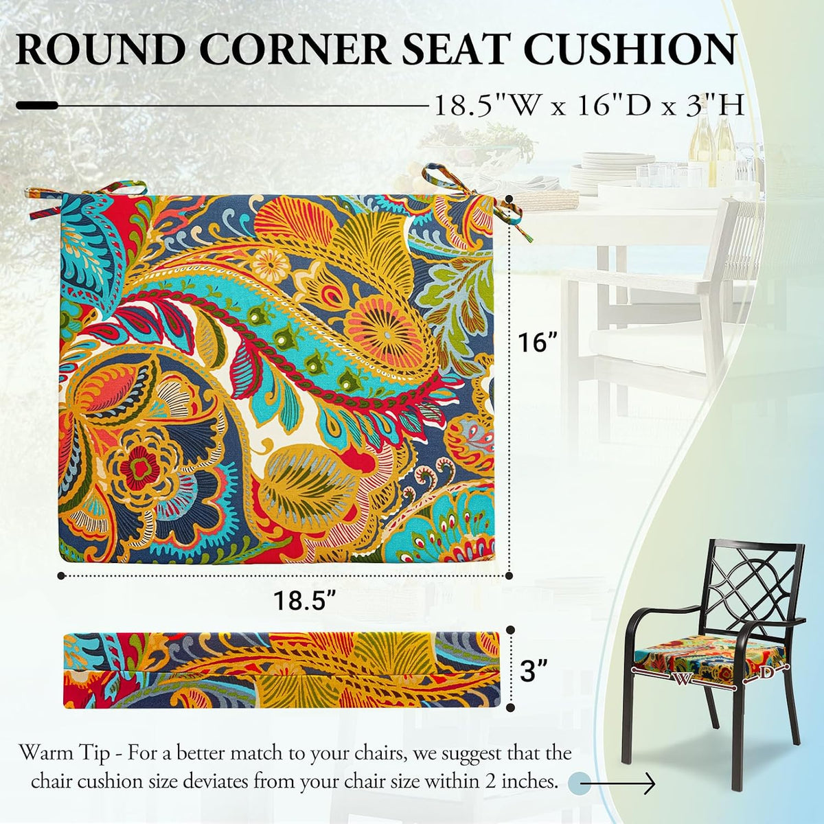 Wellsin Outdoor Chair Cushions for Patio Furniture - Outdoor Cushions for Chairs - Water Resistant Patio Chair Cushions Set of 4, 18.5"X16"X3", Flower