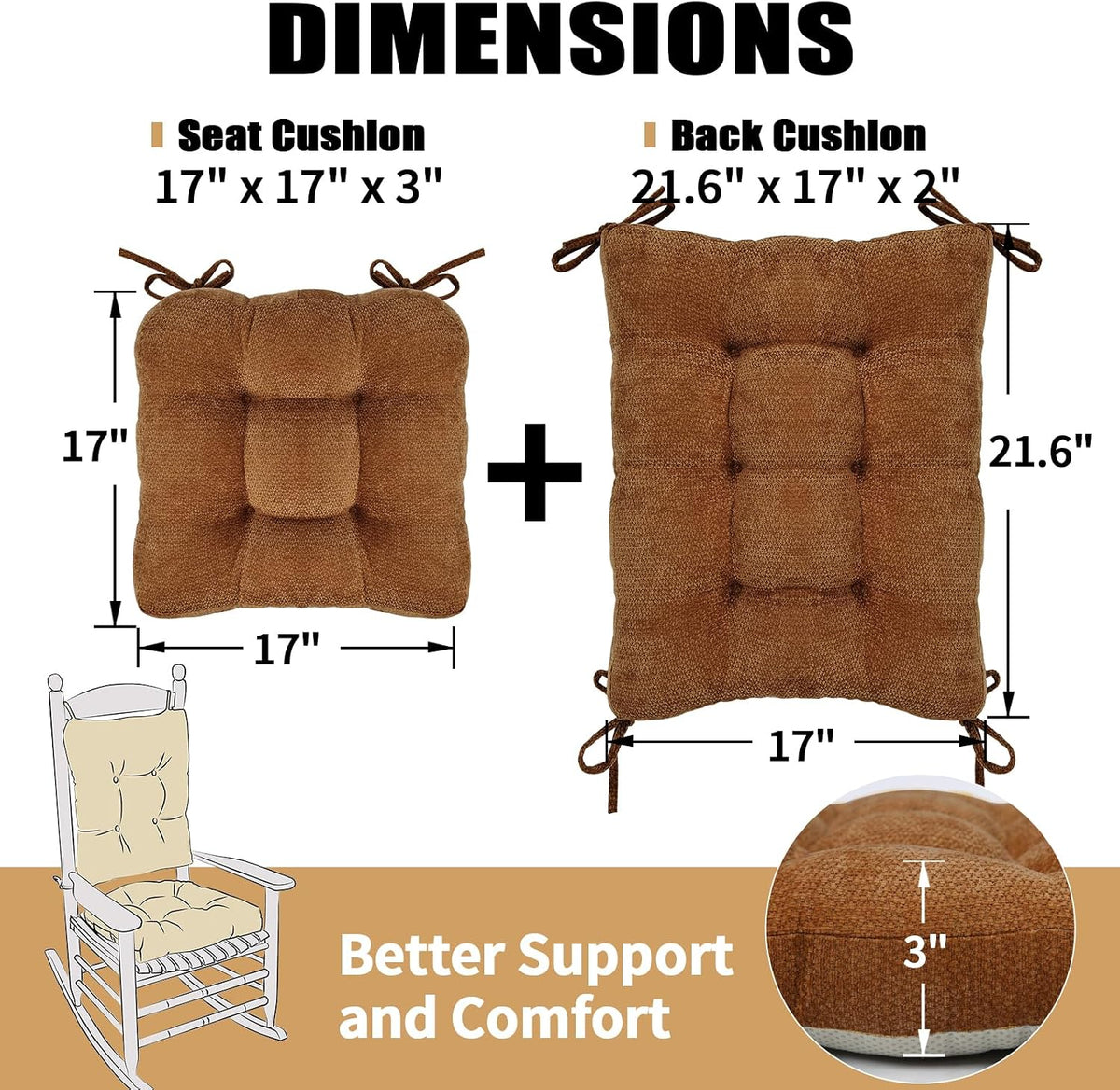 Rocking Chair Cushion for Elderly Sitting, Back Pillow & Seat Cushion with Ties, Luxury Chenille Fabric Non-Slip Chair Pad for Rocker, Champagne, 21.6x17x2/ 17x17x3