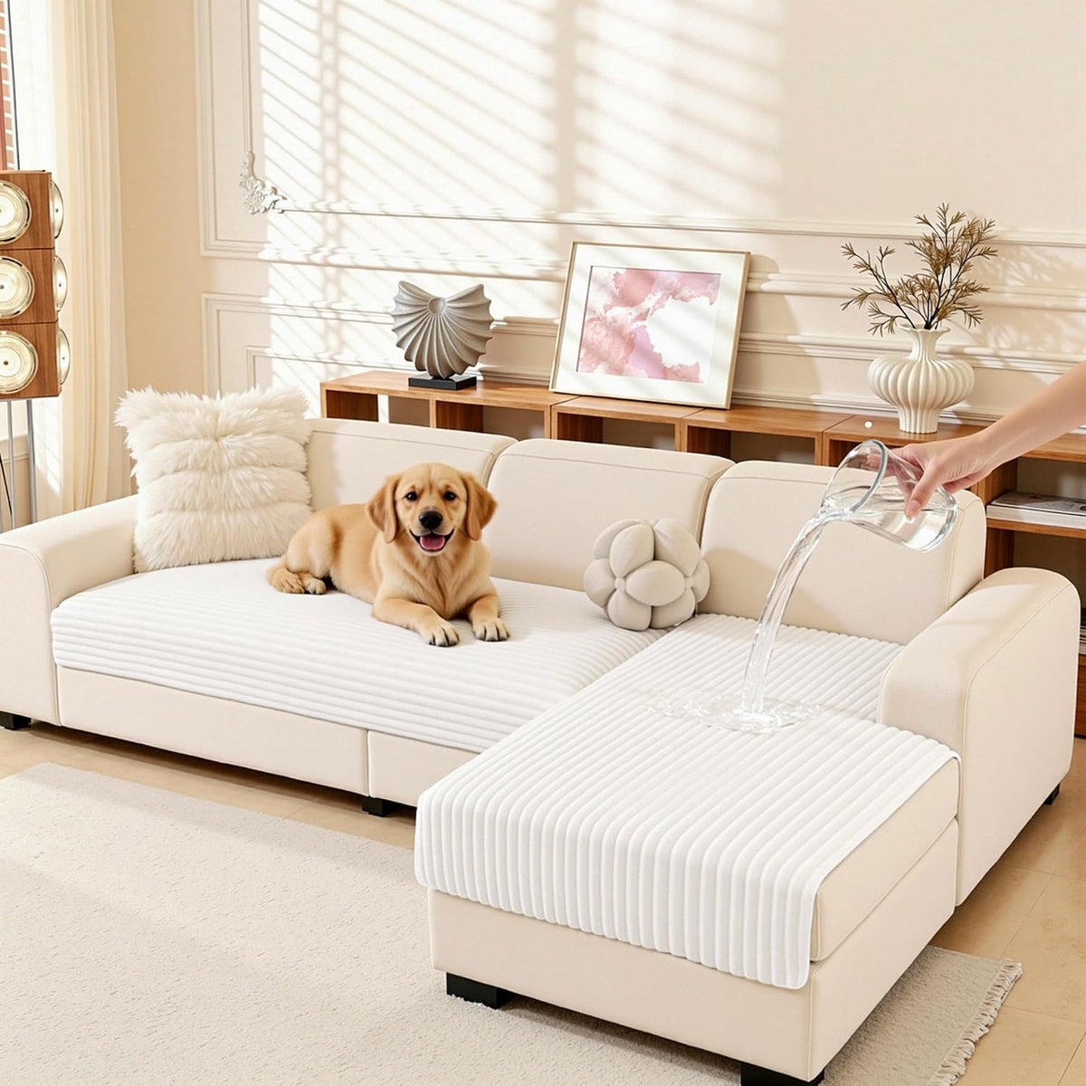 MEETSKY 100% Waterproof Couch Covers for Sectional Sofa, Non Slip Couch Cover for Dogs, 2 Pieces Pet Sofa Covers for 2 Cushion L Shape, Washable Soft Sofa Slipcover, Cream, Large, 35"x63"+35"x63"