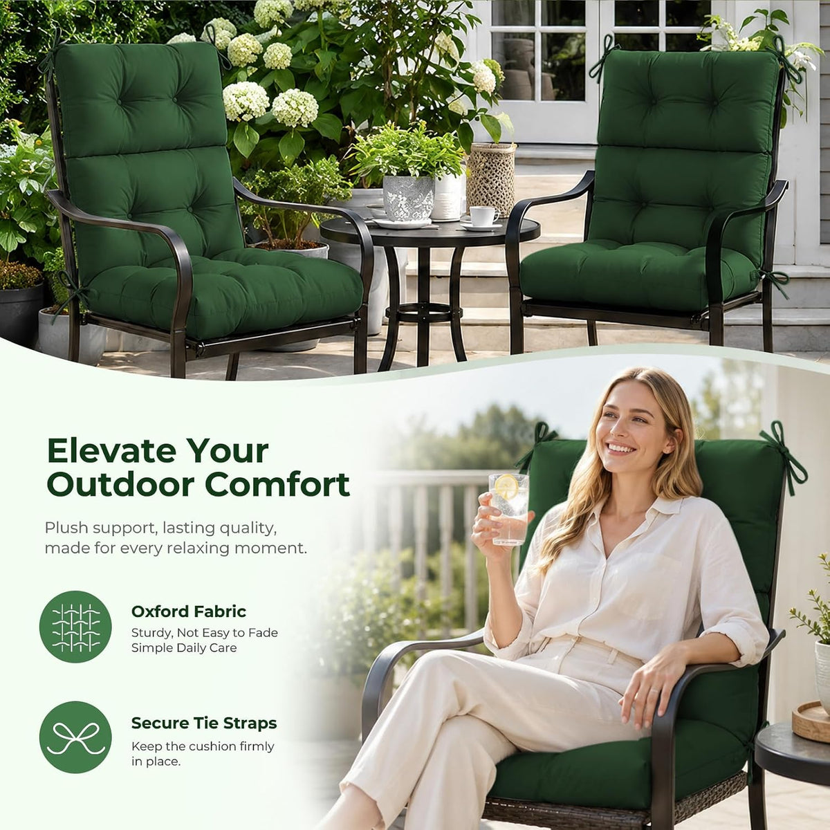 Outdoor Chair Cushion, Waterproof High Back Chair Cushion, Green