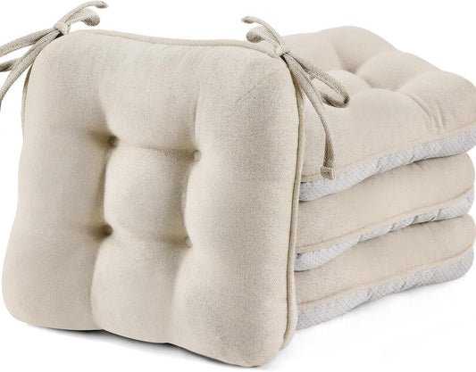 BETU Chair Cushions for Dining Chairs Set of 4,3.5" Thick Kitchen Table Chair Pads with Ties,Non Slip Backing and Covers, Seat Cushion for Dining Room,Bar,Patio Chairs,15.5"X15.5"X3.5",Beige
