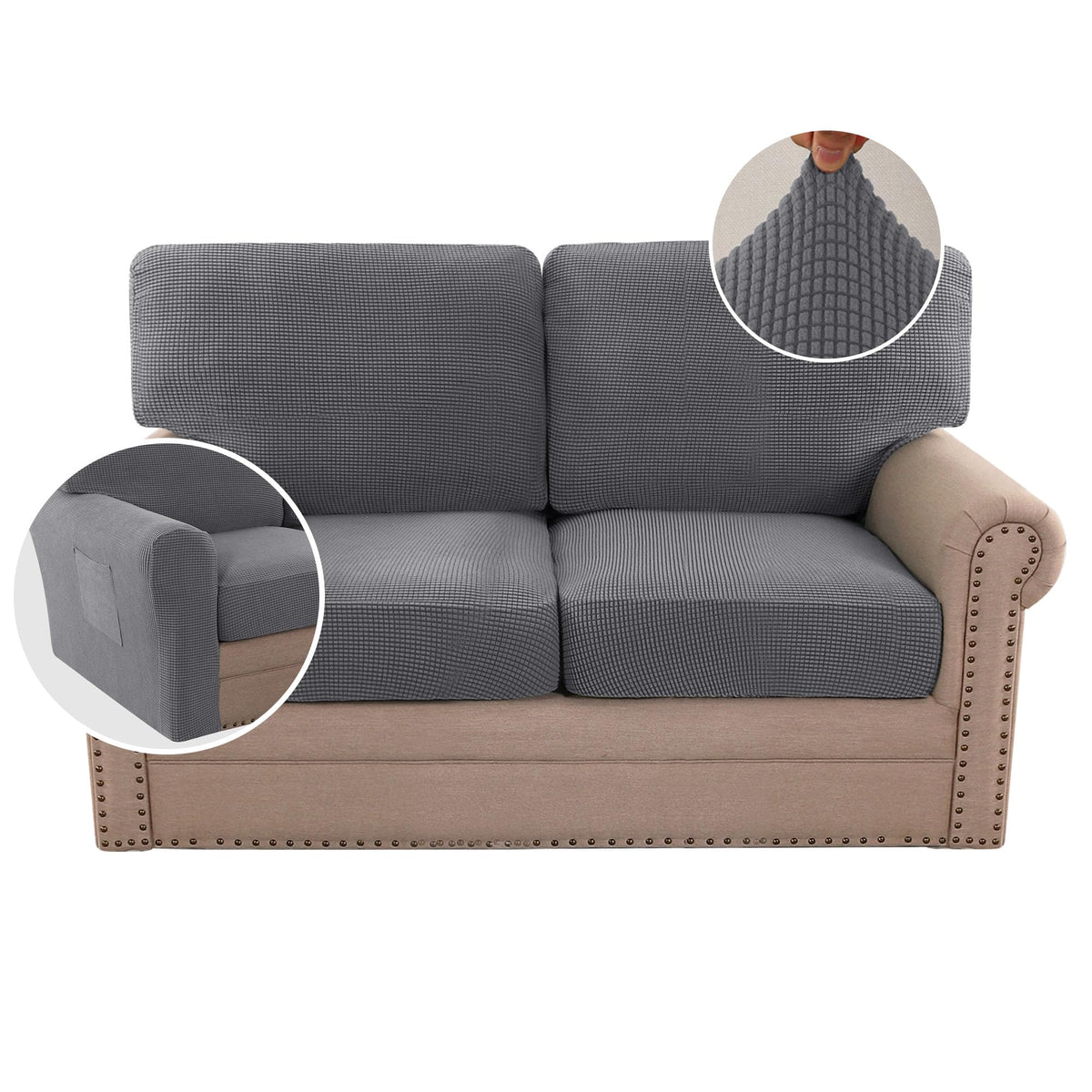 H.VERSAILTEX Multi-Pieces Sofa Covers Stretch Couch Covers Form Fitted Seats and Back Cushions Covers (3 Seat Covers Plus 3 Back Cusion Covers, Bonus 2 Armrest Covers), Sand
