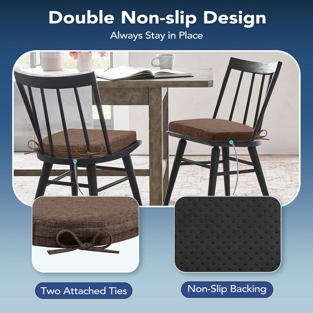 Chair Cushions for Dining Chairs, Non Slip Chair Pads with Ties and Washable Covers, Memory Foam Kitchen Chair Cushions Set of 4, 16"X16"X2.5", Brown
