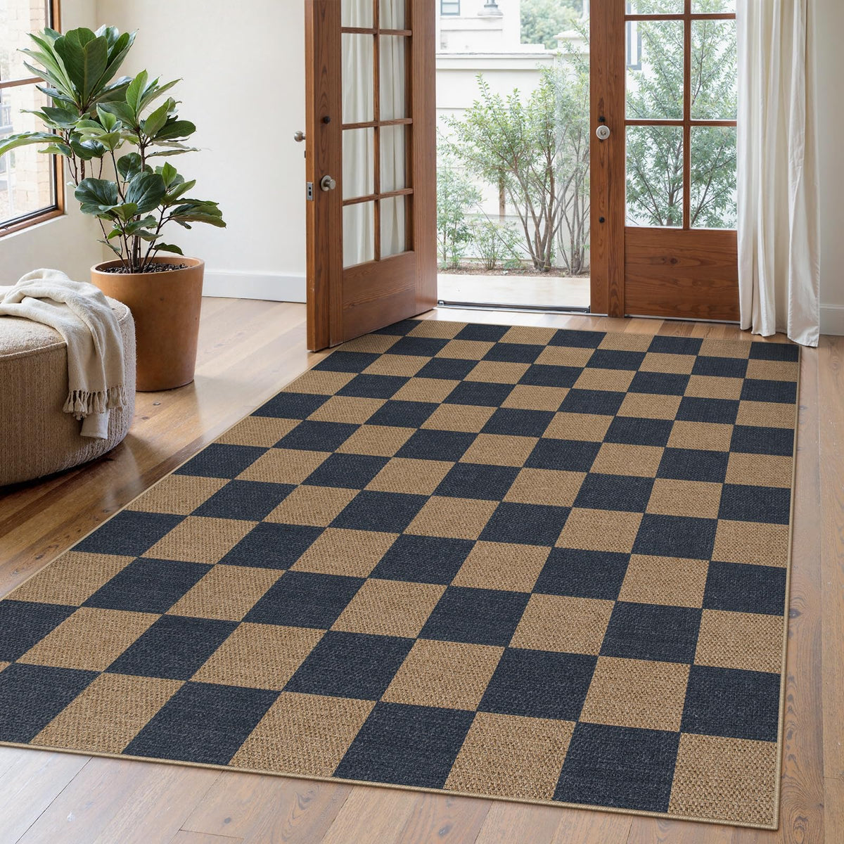 Lahome Checkered Easy Jute 3x5 Entryway Front Porch Rug, Black Diamond Indoor Outdoor Patio Layering Rug, Washable Farmhouse Neutral Non Slip Non Shedding Door Carpet for Backyard Blacony